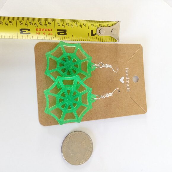 Neon green spider web glow in the dark Halloween dangle earrings new - Picture 4 of 6